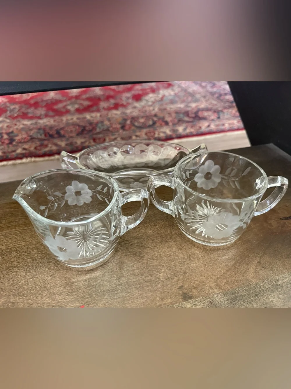 Vintage Floral Cut and Etched Glass Cream, Sugar, and Dish Set